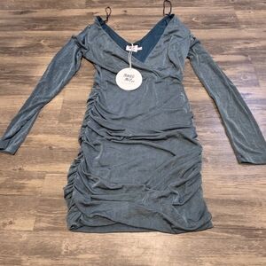 Princess Polly long-sleeve velvet mini dress Long Sleve. Greenish Blue In Color